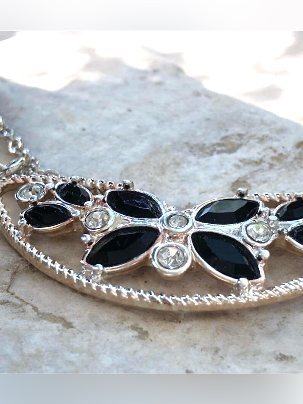 Vintage Avon Black Crystal Floral Necklace & Leverback Earrings Set Silver Tone